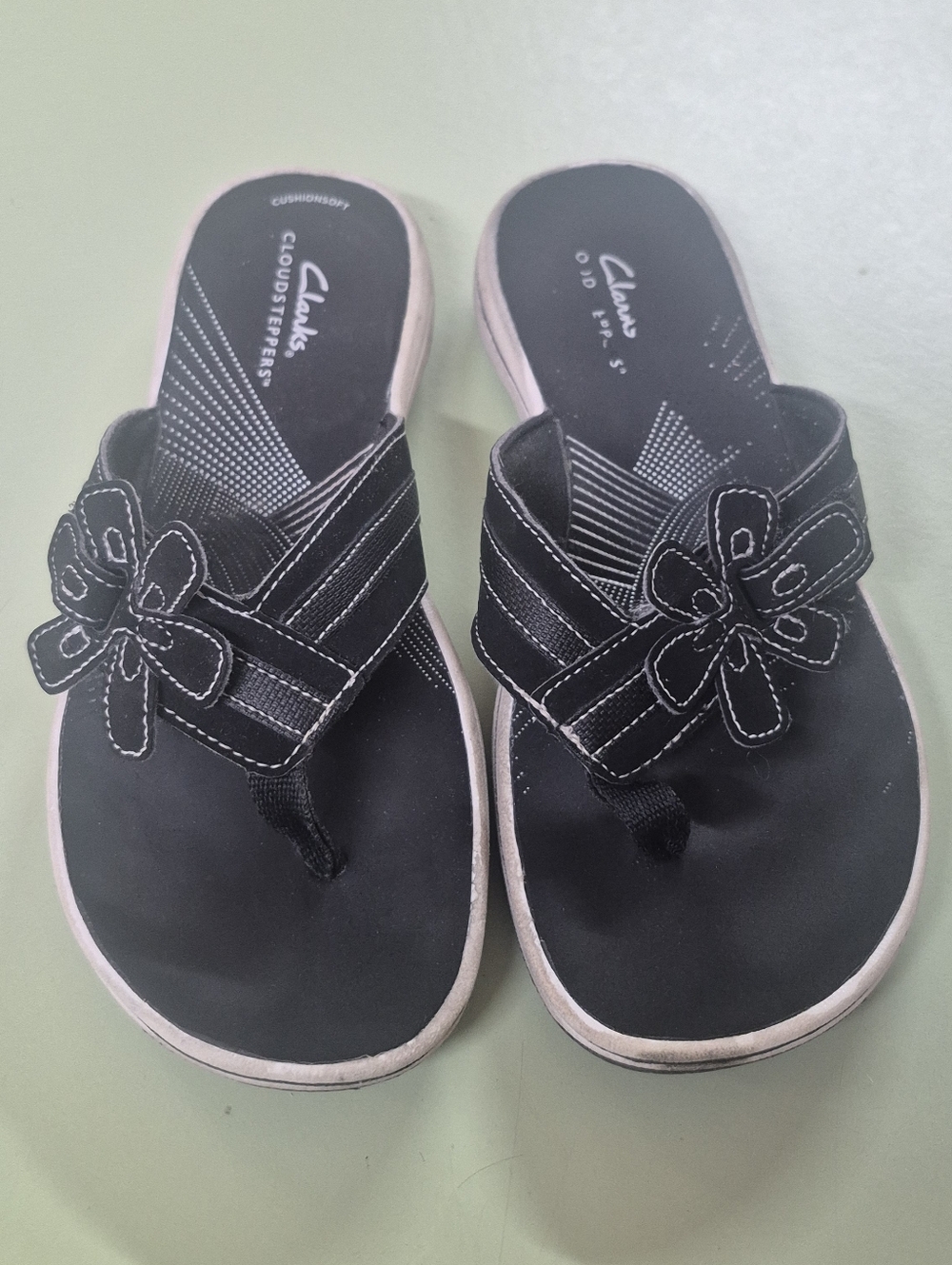 Clarks Black and White Floral Stitch Thong Sandals - Women's